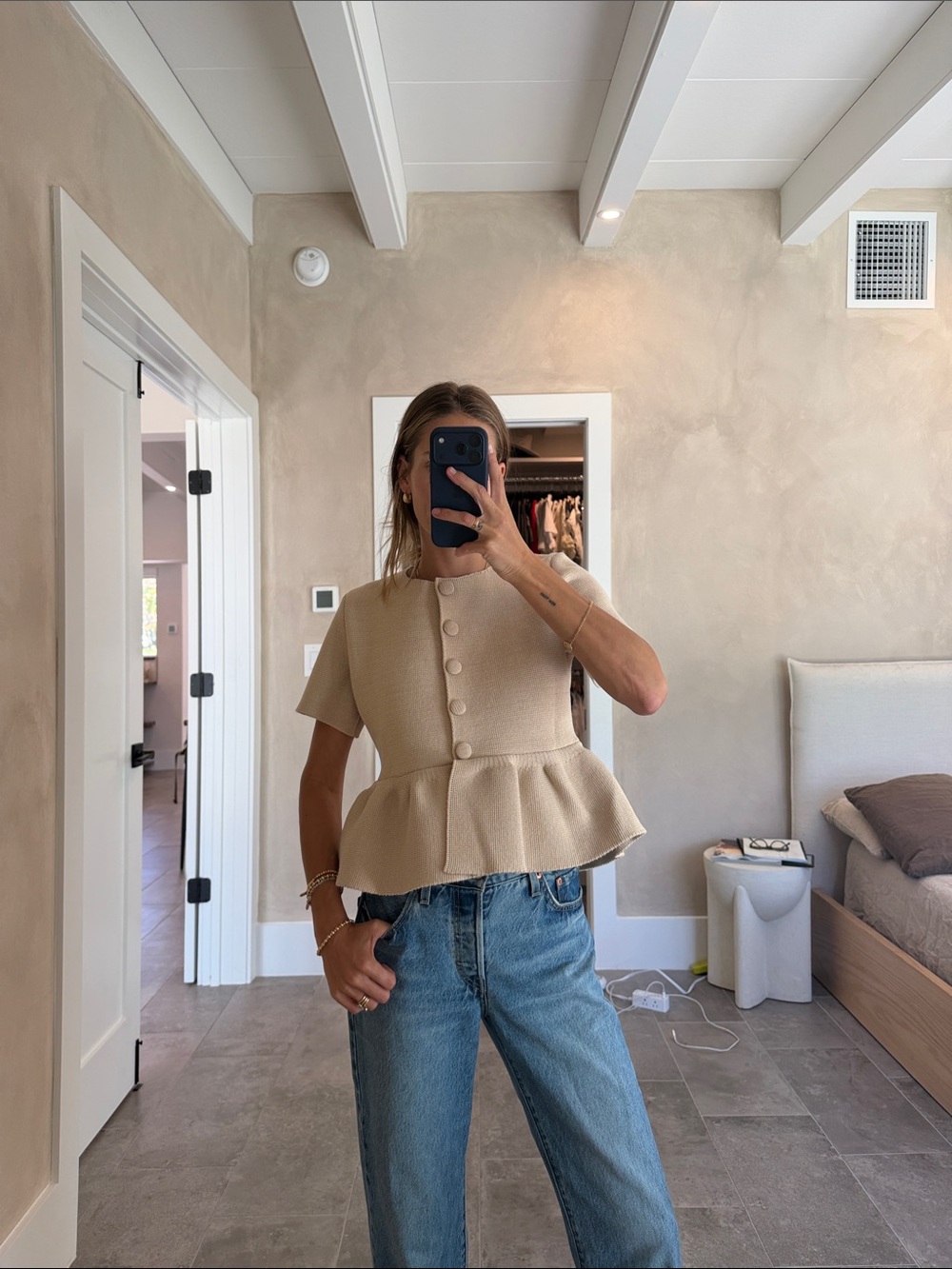 Zara Beige Short-Sleeve Peplum Button Top